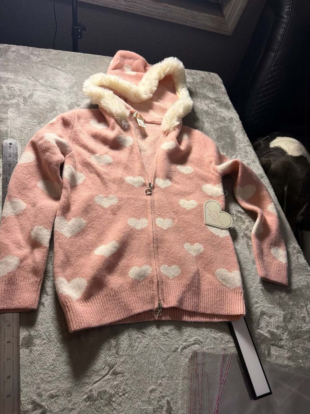 Sweet Stories Girls Pink Heart Print Faux Fur Trim Zip-Up Sweater Hoodie Size 14
